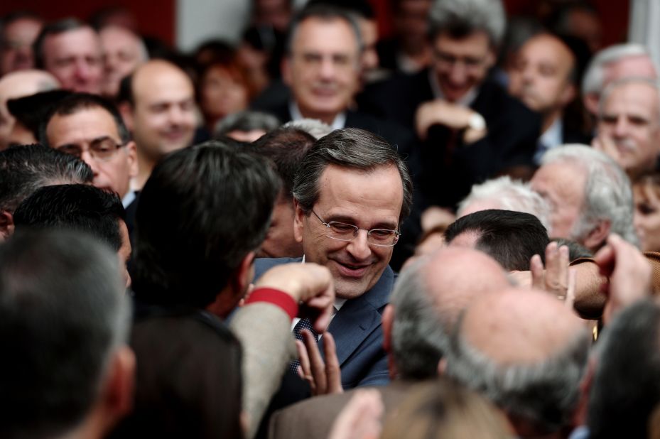 Greece's conservative New Democracy party leader Antonis Samaras arrives at Zappeion Hall before a pre-election speech, in Athens on April 22, 2012. Support for the major parties, New Democracy and PASOK, has plummeted.