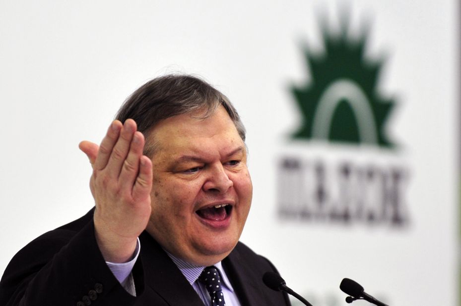 Greek socialist PASOK party leader Evangelos Venizelos speaks at a election campaign rally in an indoor stadium in Athens on April19, 2012. 