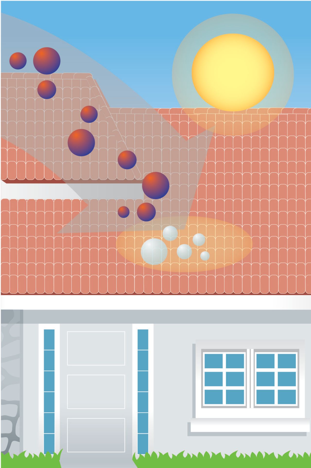 The tiles are coated with titanium dioxide, a photocatalyst, activated by daylight, which reacts with nitrogen oxides in the air turning them into harmless calcium nitrates, as this cartoon shows.