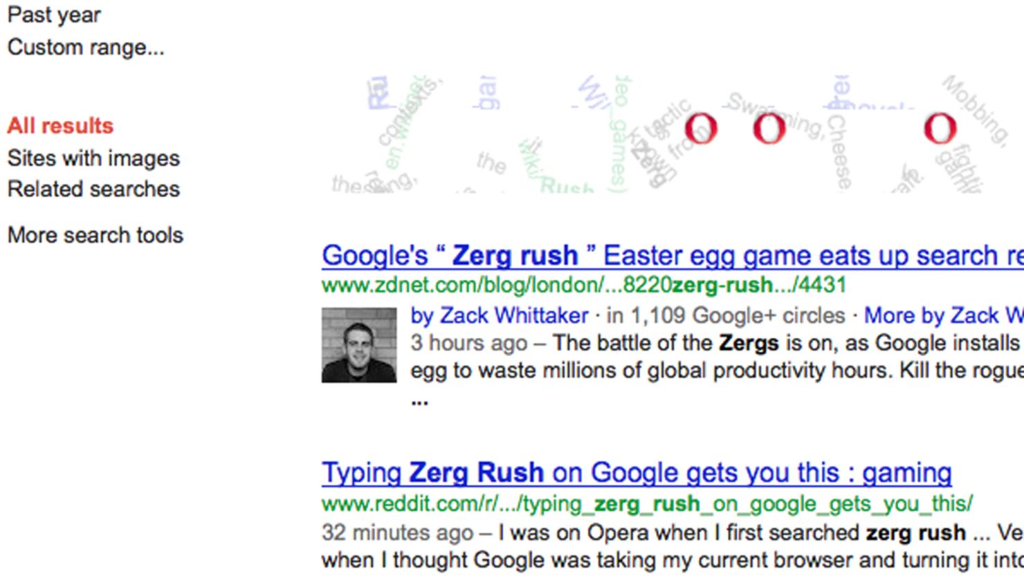 The "O's" from the Google image become swarming "zerglings" after a search for the gaming term "Zerg rush."