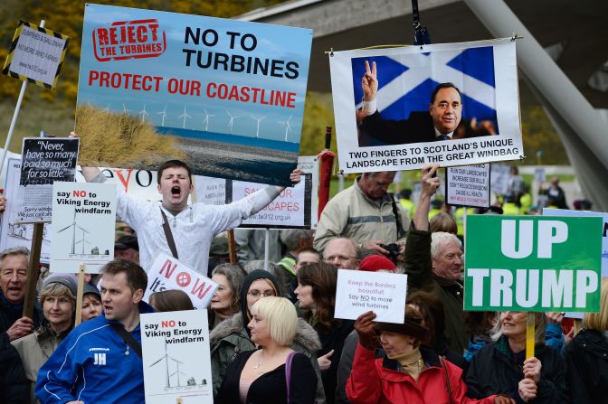 Protestors on both sides of the argument gathered outside parliament in Edinburgh as Trump gave evidence inside. The Trump International Golf Links have attracted praise and scorn in equal measure.
