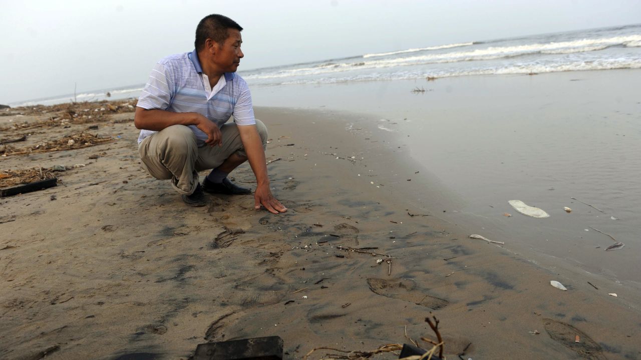 A Chinese official inspects a beach in northern China's Hebei province, on July 26, 2011, after an oil sludge washed ashore. 