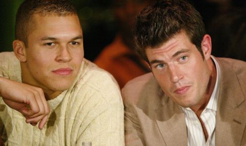Ryan Hoag, left, was picked last by the Oakland Raiders as a wide receiver in 2003. He's shown in 2004 at a viewing party for "The Bachelor" with Jesse Palmer. Hoag was a contestant on season four of the ABC reality show "The Bachelorette" in 2008.