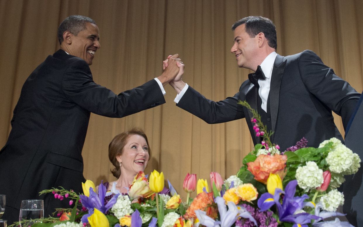 Host Jimmy Kimmel gives President Obama a high five after Kimmel finishes his speech at the White House Correspondents' Association Dinner on Saturday, April 28, 2012.