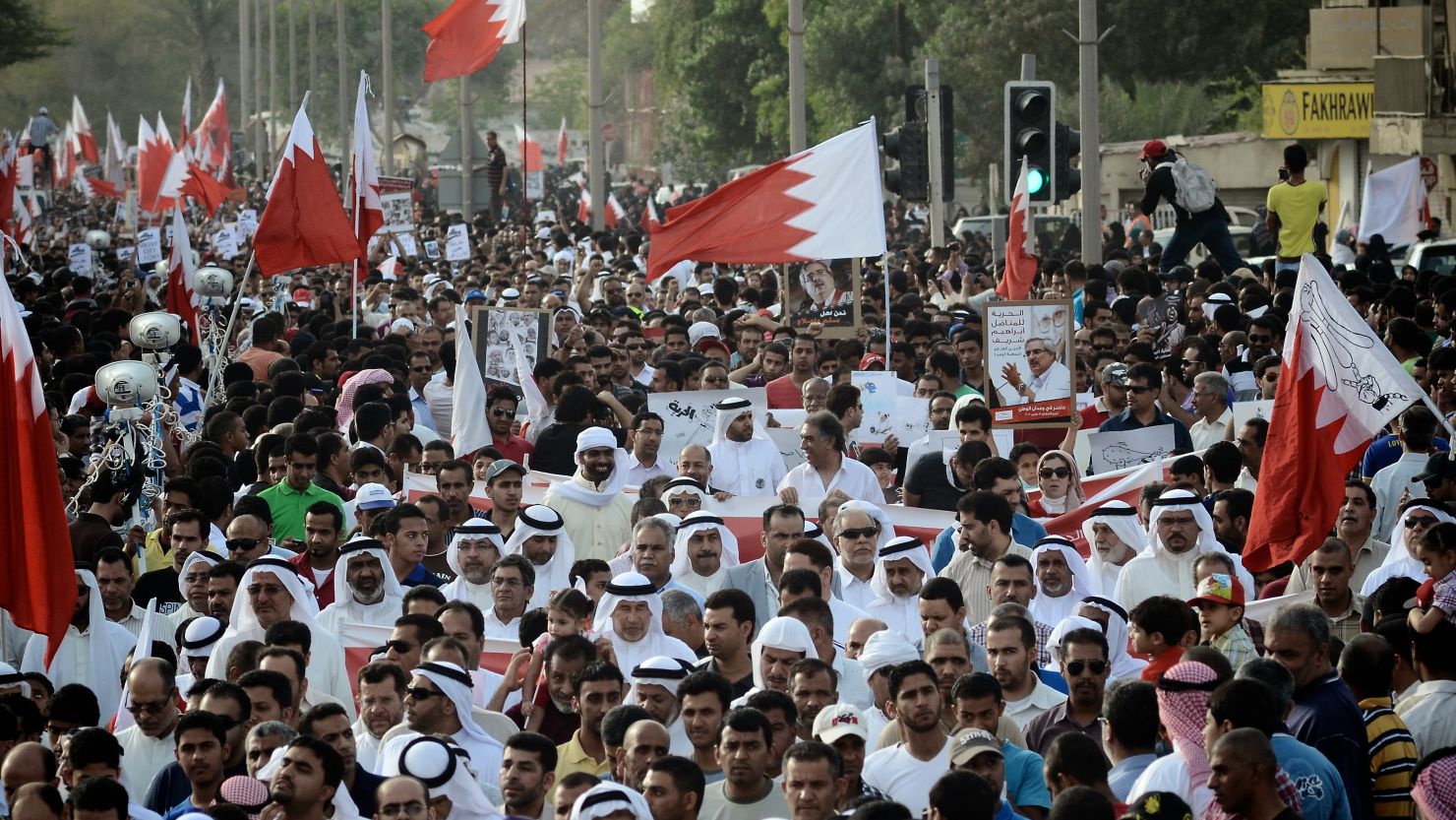Bahraini Shiite Muslims march during a demonstration in the village of Jidhafs, west of Manama, on April 27, 2012. 