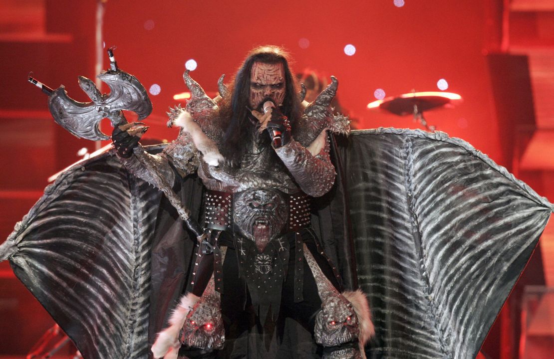 Finland's Lordi performs the song "Hard Rock Hallelujah" during the 51st Eurovision final song contest in 2006.