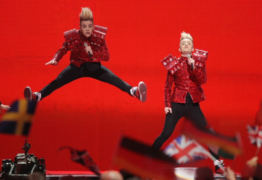 John and Edward Grimes of the band Jedward perform for Ireland in 2011.