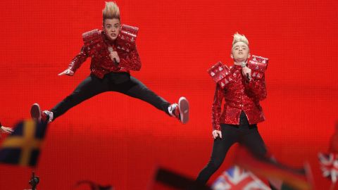 John and Edward Grimes of the band Jedward perform for Ireland in 2011.