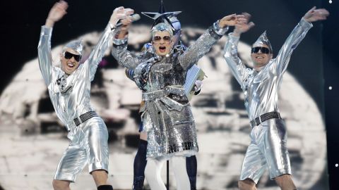 Ukranian Verka Serduchka sings "Dancing Lasha Tumbai" at Eurovision in 2007.