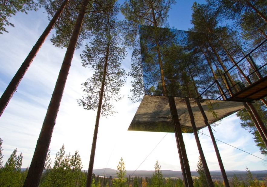 The Ice Hotel isn't the only quirky accommodation Lapland has to offer. In recent years a series of "Tree Hotels" have popped up in the pristine forests of Harads, near the Lule river. This "Mirrorcube" room almost disappears into the landscape, while an adjacent treehouse in the shape of a UFO is a little more conspicuous.