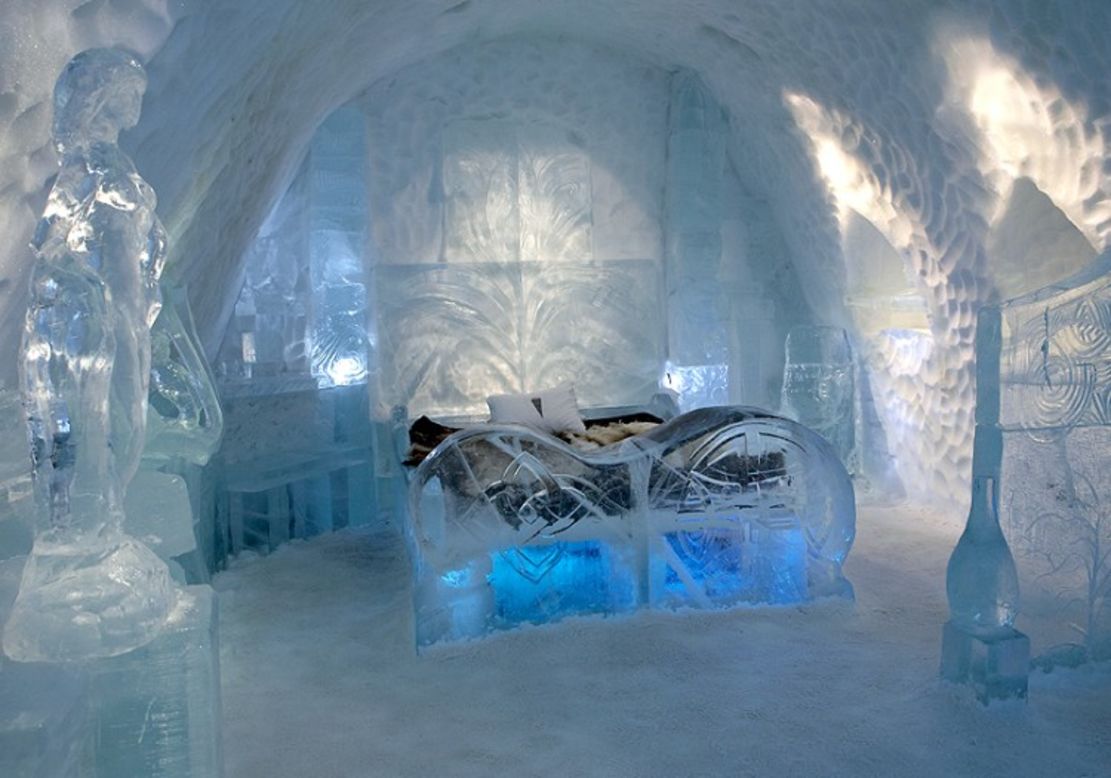Across the border over in north Sweden is the now-infamous Ice Hotel -- where visitors sleep on a bed made from blocks of frozen ice. 
