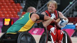 Garret Hickling, right, wrestles with an opponent during Canada's losing clash to eventual winners Australia at the Paralympic test event in London.