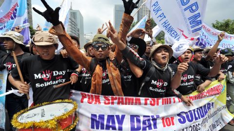 Indonesian workers in Jakarta celebrate May Day with a protest march, not a maypole.