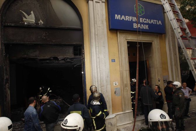 Marfin Egnatia Bank, in Athens, photographed after it was burned in the protests of May 5, 2010.