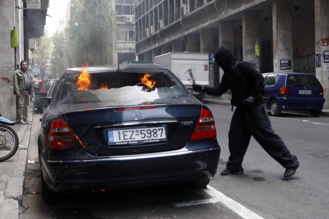 A picture of a rioter during the protests of May 5, 2010, on the corner of Patission and Kapodistriou Streets,  Athens.
