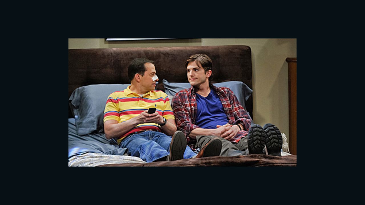 Jon Cryer (left) and Ashton Kutcher, as shown in the upcoming 200th episode of "Two and a Half Men" airing on May 7.