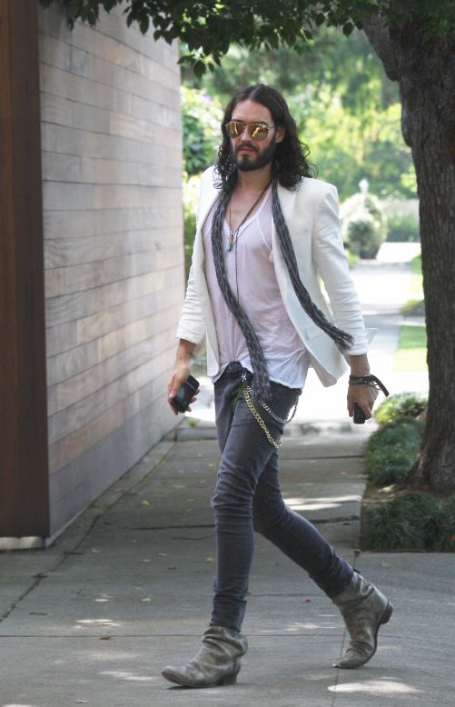 Russell Brand arrives at a studio in Los Angeles.