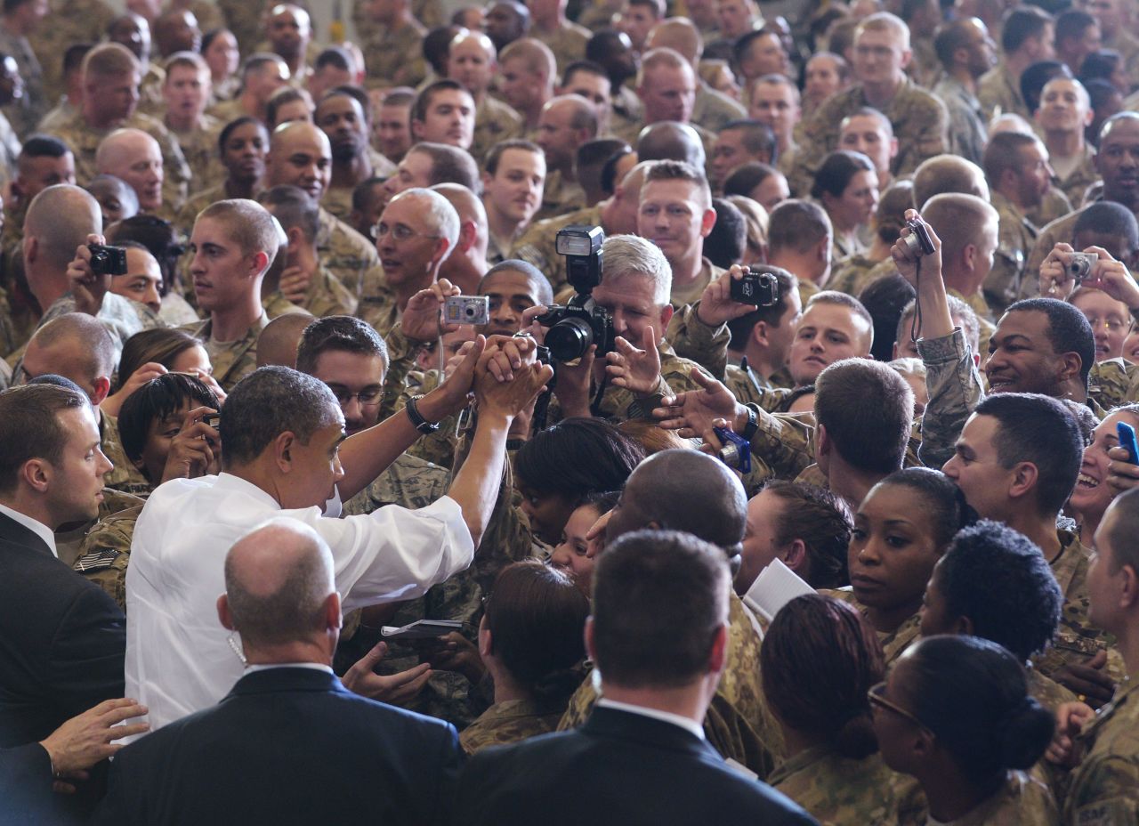 Obama greets troops during a visit to Bagram Air Base in Afghanistan. Obama signed a U.S.-Afghanistan strategic partnership agreement during his unannounced visit to the country. 