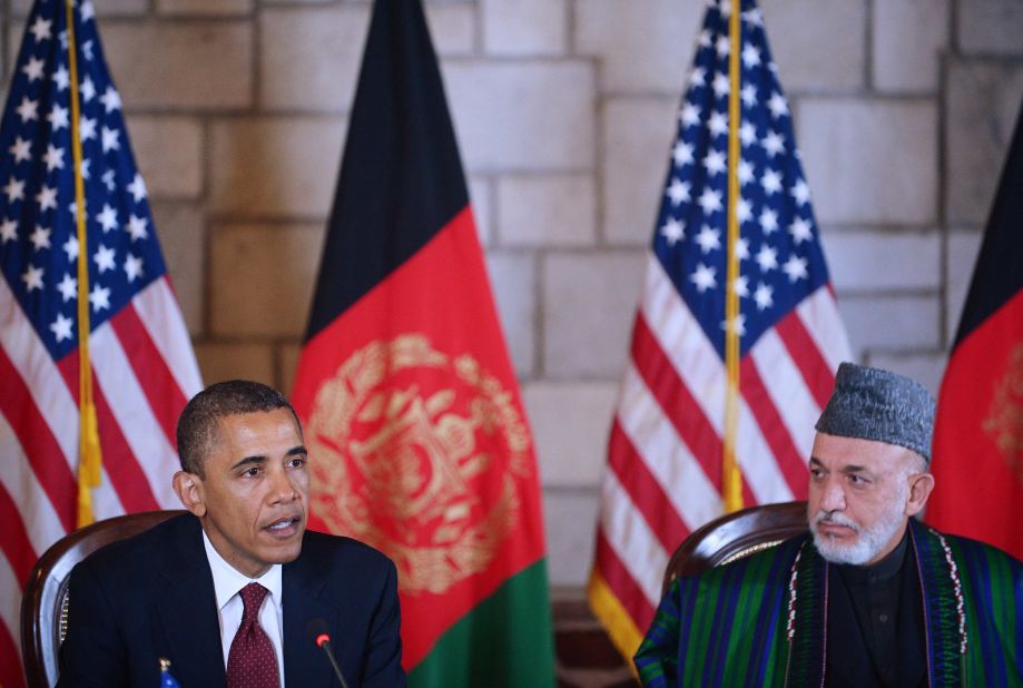 Obama speaks before signing a strategic partnership agreement with Afghan President Hamid Karzai, right, at the Presidential Palace in Kabul. The agreement provides U.S. military and financial support to Afghanistan for 10 years after the 2014 scheduled troop withdrawal.