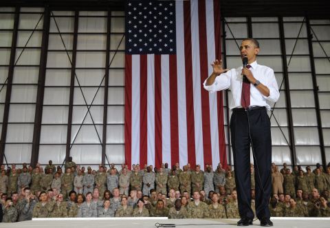 Obama speaks to troops at Bagram Air Base. 