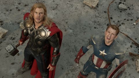Chris Hemsworth, left, stars as Thor and Chris Evans stars as Captain America in "The Avengers."