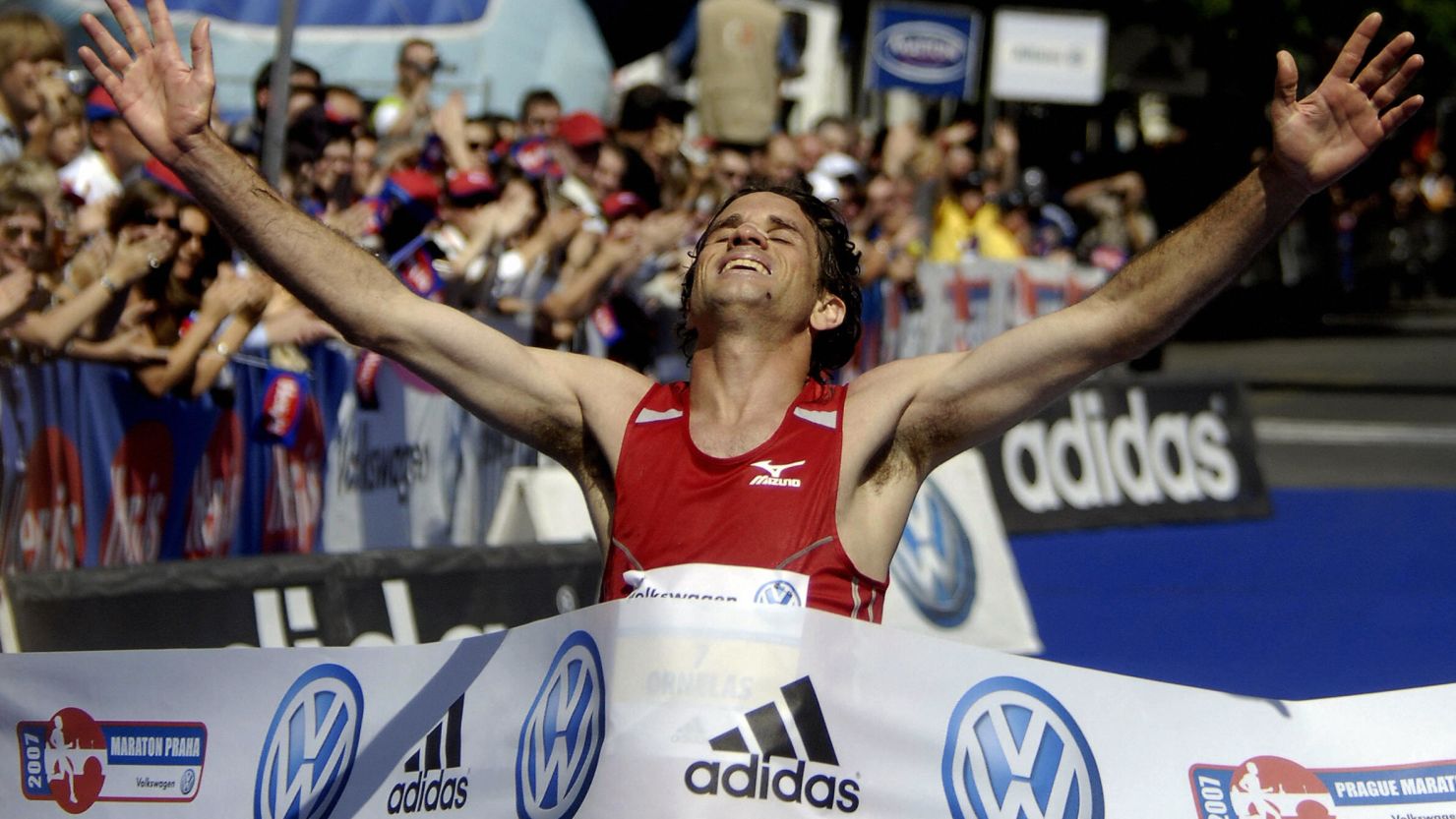 Banned Portuguese athlete Helder Ornelas crosses the line after winning the Prague Marathon in 2007. 