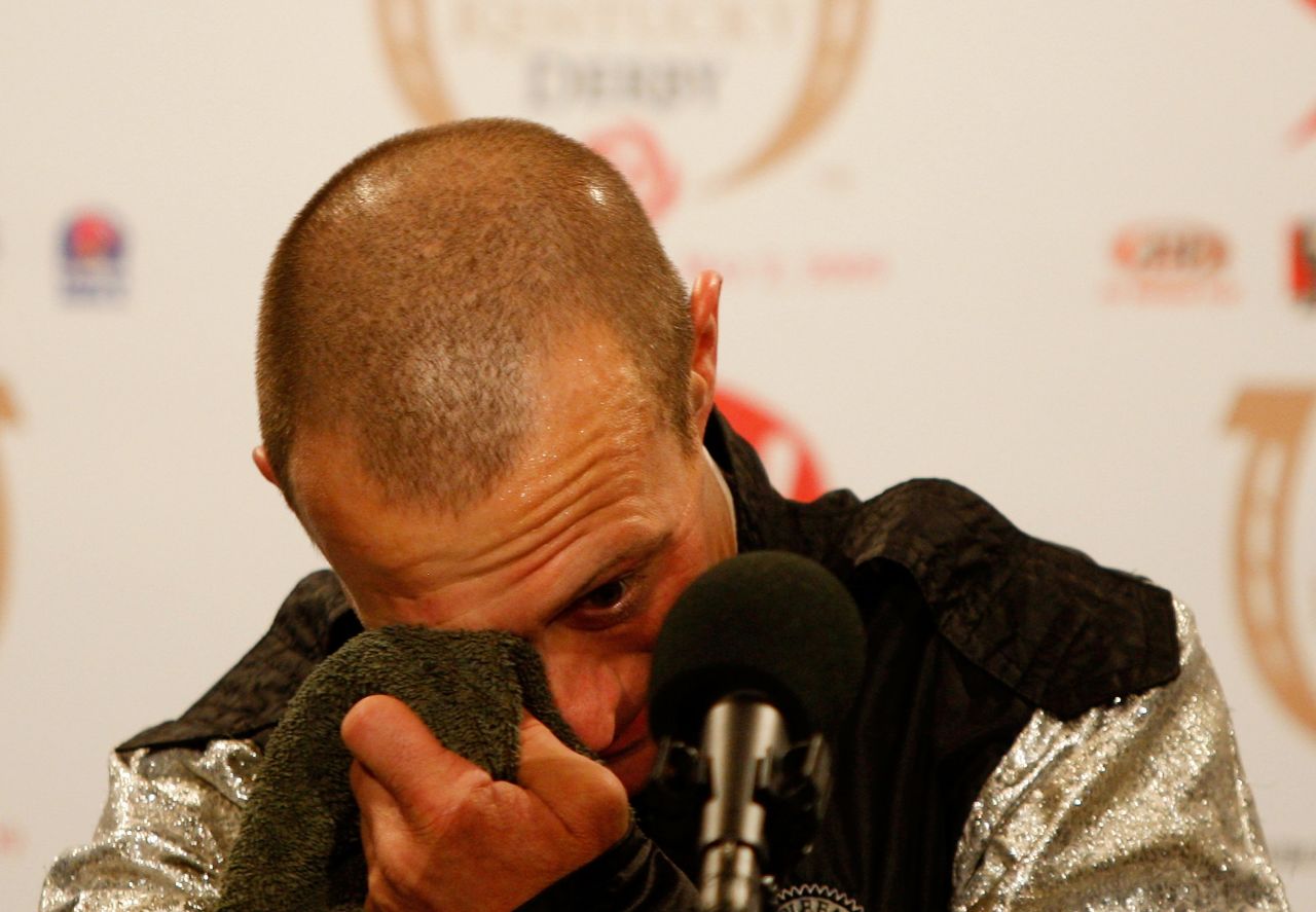 Borel struggled to hold back tears at a press conference after winning the 2009 Kentucky Derby on Mine That Bird in a massive upset result, having come from a long way behind.