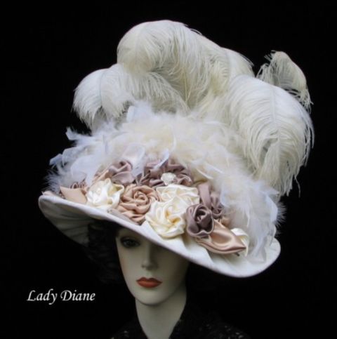 A classic Derby design, Siverson's "Triple Crown" hat, is piled high with feathers and floral motifs. Large hats full of feathers are a nostalgic reminder of past years.
