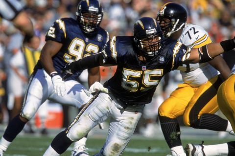 Junior Seau (number 55) of the Chargers makes his move against the Pittsburgh Steelers in San Diego in 2008.
