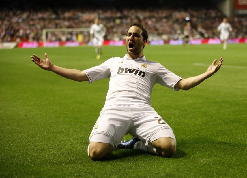 Gonzalo Higuain celebrates his opener for Real against Bilbao. It was followed by goals from Mesut Ozil and Cristiano Ronaldo.