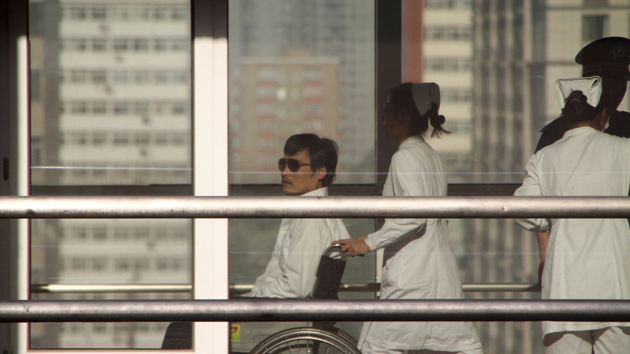 Chinese activist activist Chen Guangcheng is seen in a wheelchair at the Chaoyang hospital in Beijing on May 2, 2012.