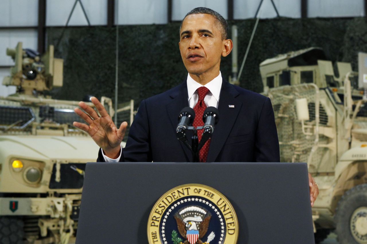 President Barack Obama delivers an address to the American people on U.S. policy and the war in Afghanistan during his visit to Bagram Air Base early Wednesday. Obama said the goal of defeating the al Qaeda network was within reach, more than a decade after the September 11 attacks.