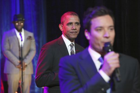 President Barack Obama joins "Late Night" host Jimmy Fallon and The Roots to "slow jam" the news on April 24 at the University of North Carolina at Chapel Hill.