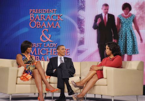 Oprah Winfrey interviews the president and first lady Michelle Obama on April 27, 2011, at Harpo Studios in Chicago. They talked about the release of his birth certificate.