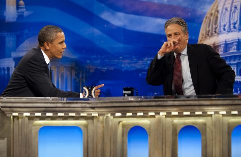 Obama spars with Jon Stewart on "The Daily Show" on October 26, 2010. He was the first sitting president to appear on the satirical television show.
