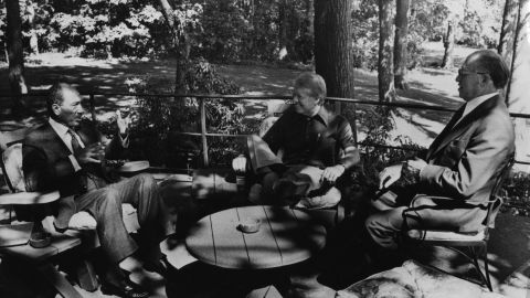 President Jimmy Carter, Israeli Prime Minister Menachem Begin and Egyptian President Mohamed Anwar al-Sadat during peace talks at Camp David, Maryland.
