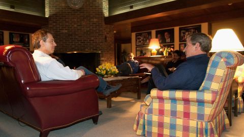 President George W. Bush and British Prime Minister Tony Blair meet March 26, 2003 at Camp David, Maryland.