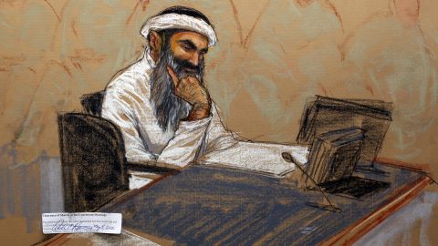 In this courtroom drawing, Khalid Sheikh Mohammed sits in court Saturday at the U.S. Naval Base in Guantanamo Bay, Cuba.