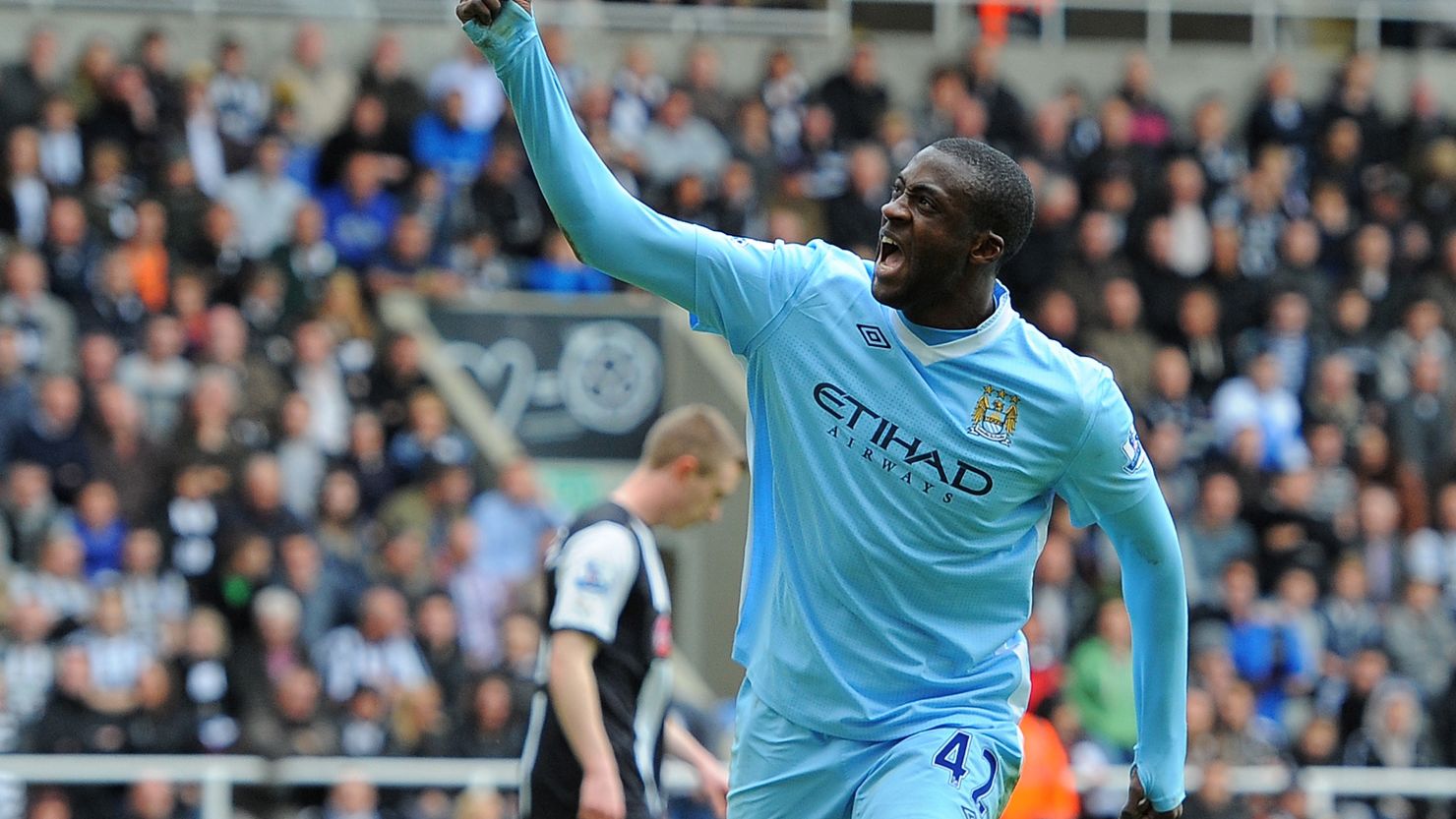 Manchester City midfielder Yaya Toure celebrates the two goals that could prove crucial in the EPL title race.