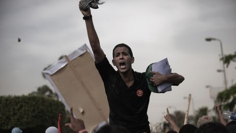 An Egyptian protester shouts slogans against the soldiers ahead of clashes with Egyptian Army last week in Cairo.