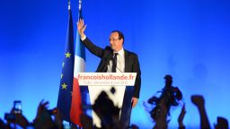 Socialist Party candidate Francois Hollande gives his victory speech in Tule, France, after Sunday's presidential runoff election.
