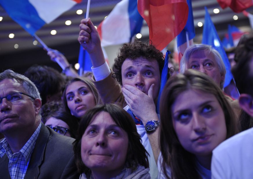 Sarkozy supporters react as results from exit polls and official tallies in the runoff election come in.