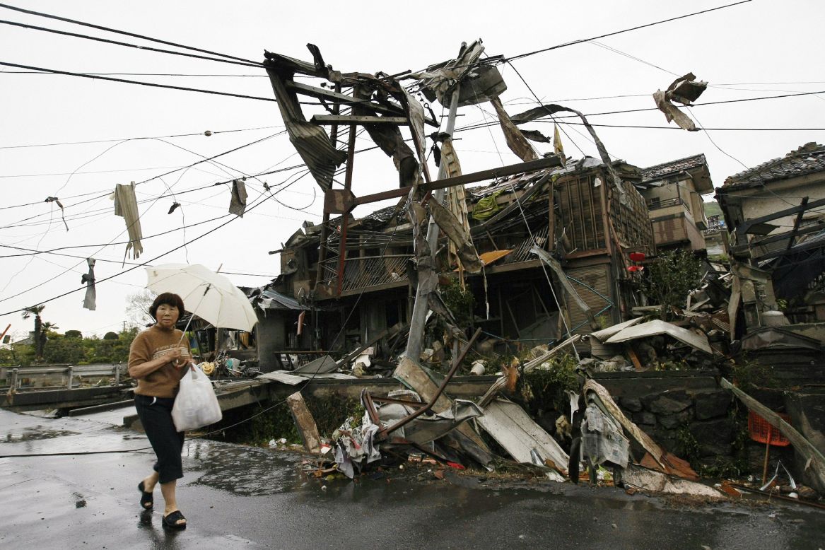 As many as 50 homes and buildings were damaged in the region, with a number  of those completely destroyed, police said. This image shows the destruction in a residential area of Tsukuba city in Ibaraki prefecture.