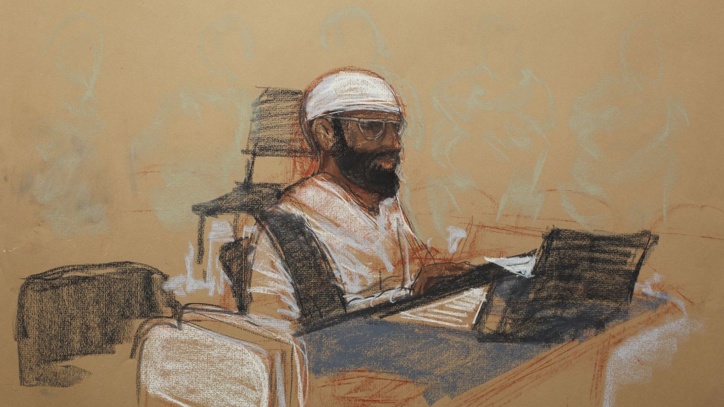 A courtroom drawing shows Mustafa al Hawsawi at his arraignment on May 5 at the U.S. Naval Base in Guantanamo Bay, Cuba. 