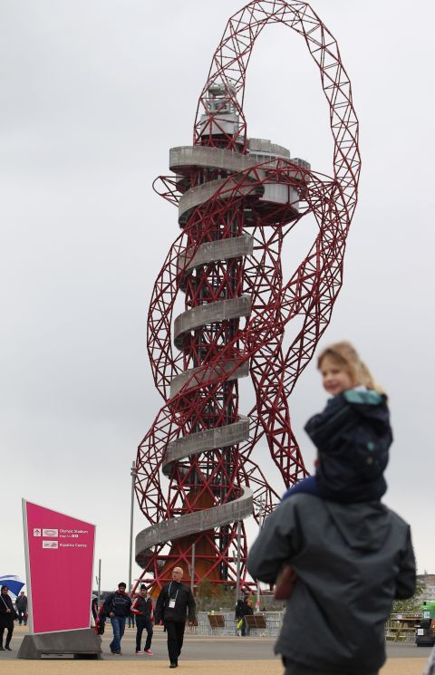 A sculpture by Turner Prize-winning artist Anish Kapoor looms over the Olympic Park. The 115-meter ArcelorMittal Orbit includes two viewing platforms for spectators to view the site.