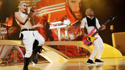  Singer Gwen Stefani and bass player Tony Kanal of No Doubt perform at the Gibson Amphitheatre in Universal City, California