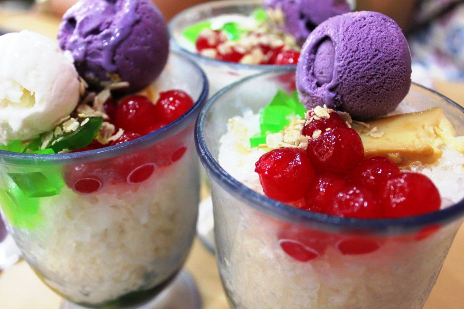 iReporter Jerry Gonzalez explains that halo-halo (meaning "mix-mix") is a favorite Filipino summertime snack to keep cool.  It features "sweet preserved beans, coconut meat, jackfruit, pounded dried rice, sweet yam, cream flan, shreds of sweetened plantain, filled with crushed ice and milk and topped with ice cream."