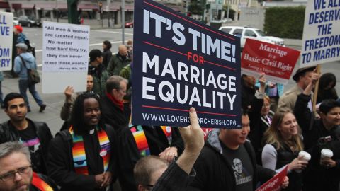 Opponents of Proposition 8, California's anti-gay marriage bill, celebrate the court's overturning of it in February