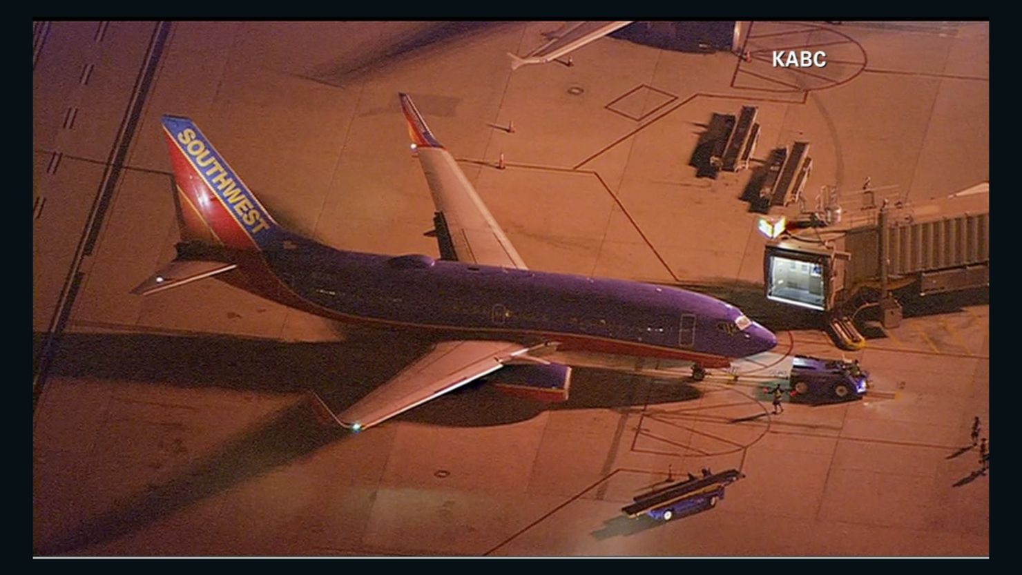Southwest Airlines Flight 811 is held at John Wayne Airport in Santa Ana, California, on Tuesday night.