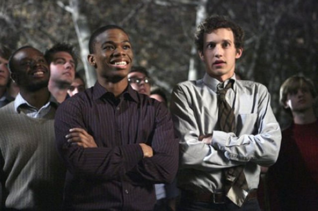 Calvin Owens, left, played by Paul James, originally struggled to come out to his Omega Chi fraternity brothers on "Greek," which aired on ABC Family from 2007 to 2011.